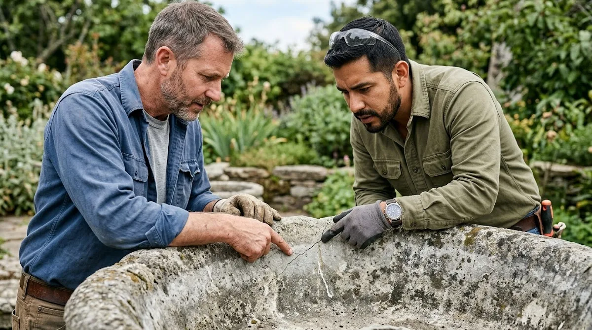 Two men inspecting a crack in the basin of a dry concrete fountain.