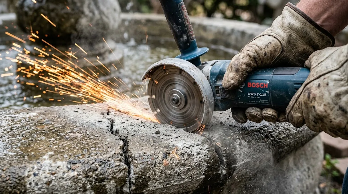 A close-up of an angle grinder cutting a groove into a concrete crack for repair.