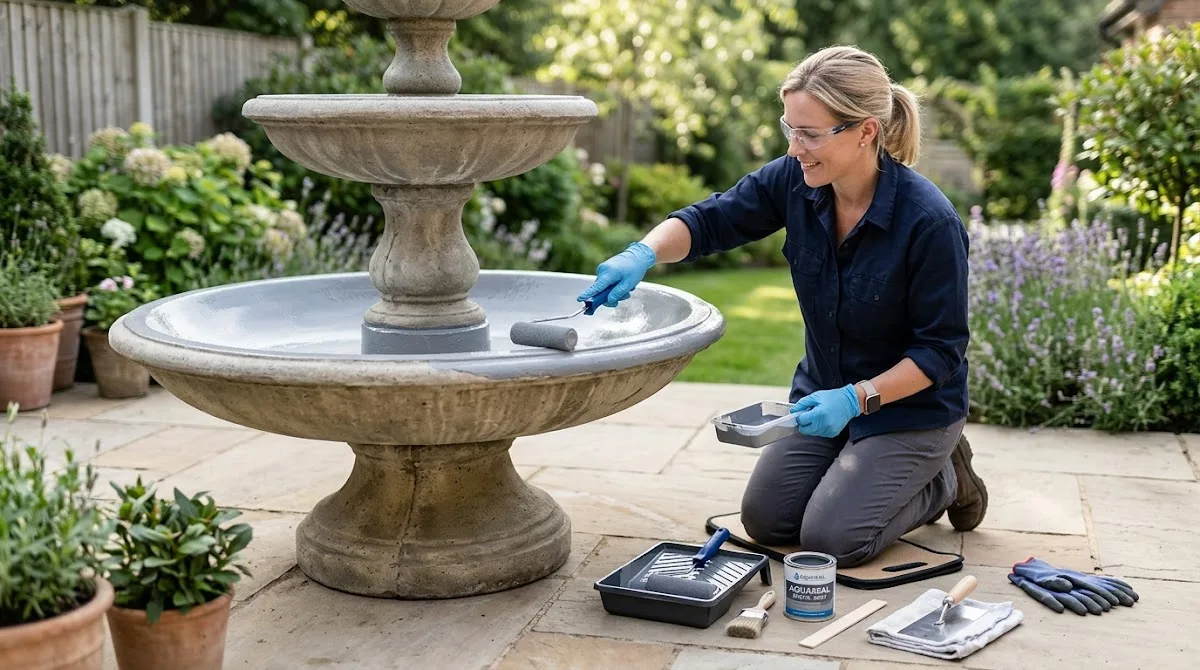 A person applying a waterproof sealant to the inside of a concrete fountain bowl.