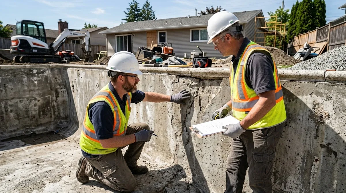 Construction workers in hard hats inspecting the rough surface of an empty concrete pool shell.