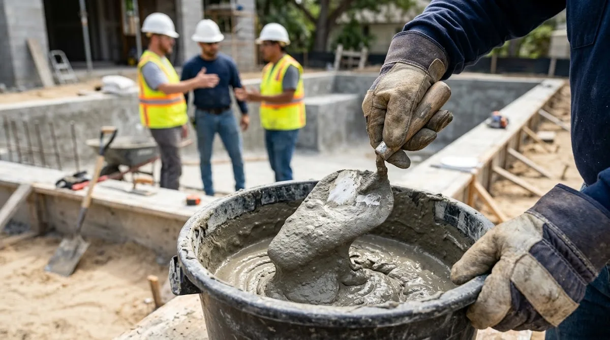 Construction professionals mixing and examining a thick waterproofing compound at a job site.