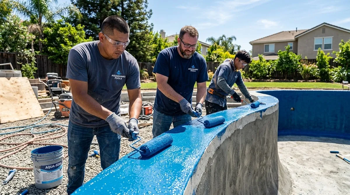 Pool builders using nap rollers to apply a bright blue waterproof coating to a concrete pool wall.