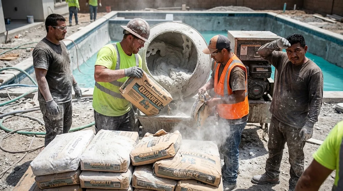 A crew of construction workers mixing heavy bags of cement for pool resurfacing on a sunny day.