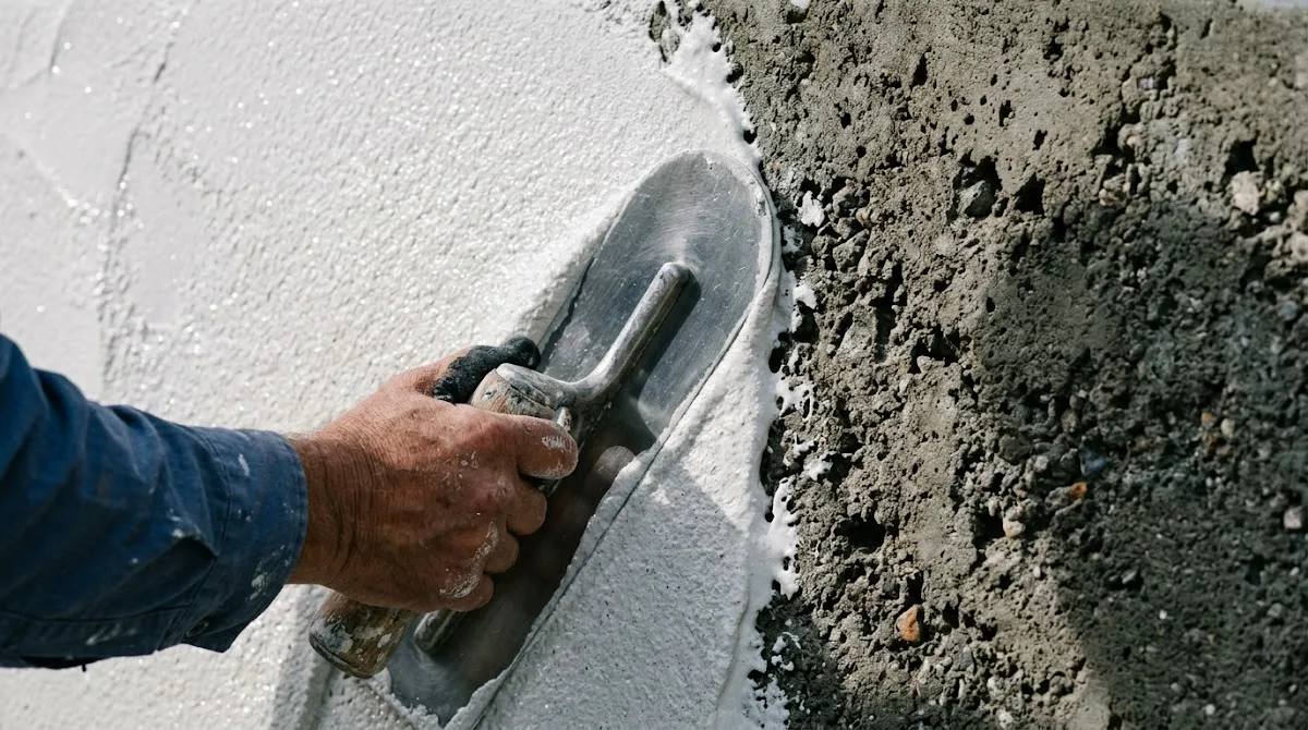 A close-up view of wet pool plaster being spread over rough concrete with a steel trowel.