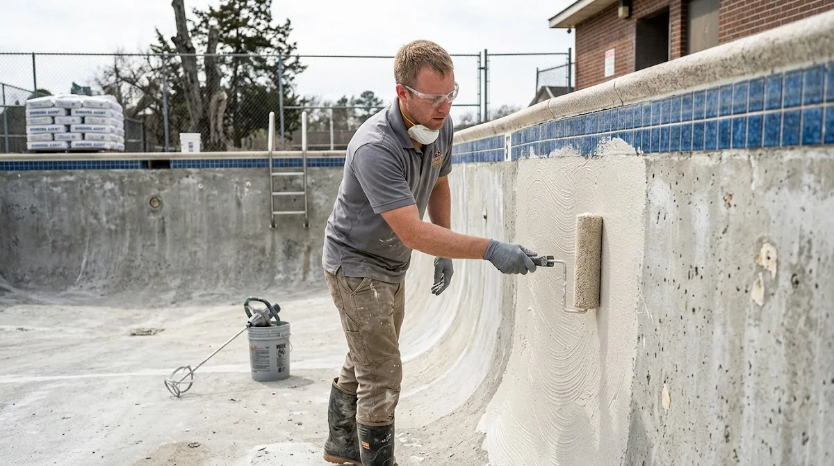 A contractor applying a bonding coat to the damp concrete walls of an empty swimming pool.