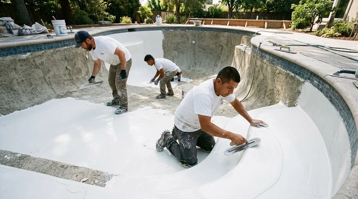 Two workers wearing spiked shoes using rounded trowels to smooth fresh plaster inside a pool.