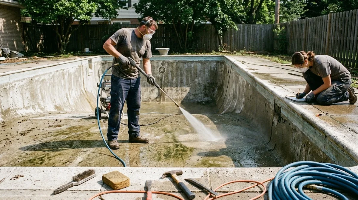 A worker pressure washing the empty pool interior during prep before resurfacing.