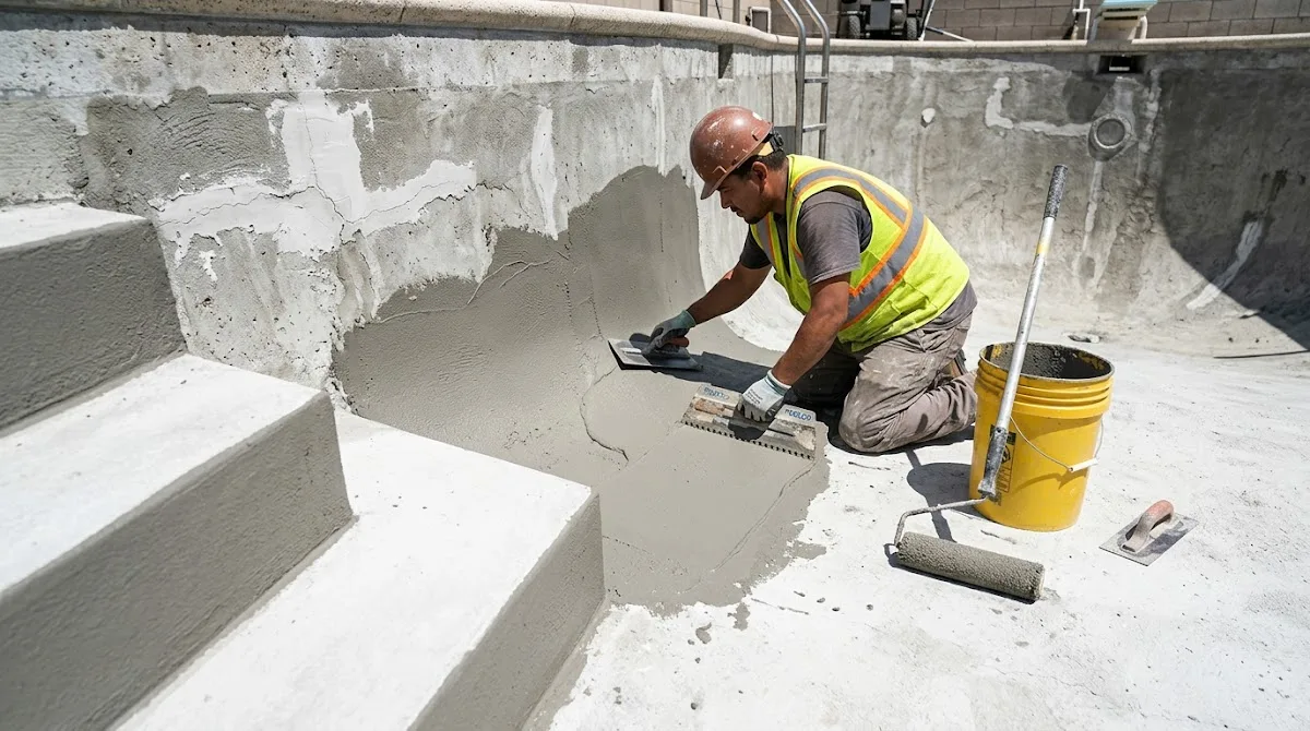 A worker applying a smooth resurfacing coating inside an empty pool shell.