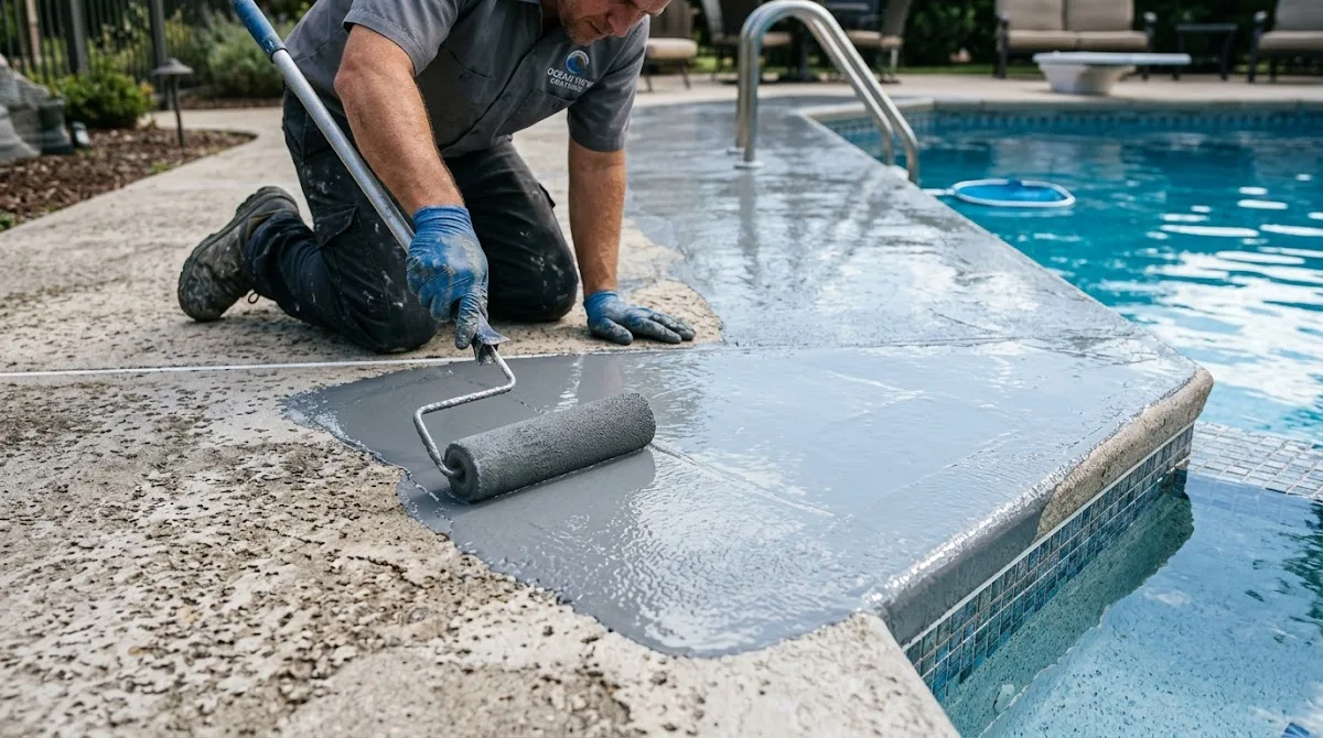 A contractor applying a grey epoxy coating to a concrete pool deck with a roller.