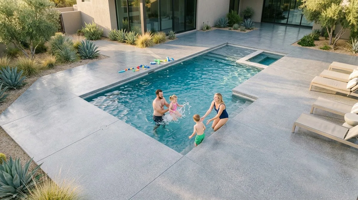 An overhead view of a modern pool with a seamless waterproof epoxy resin surface.