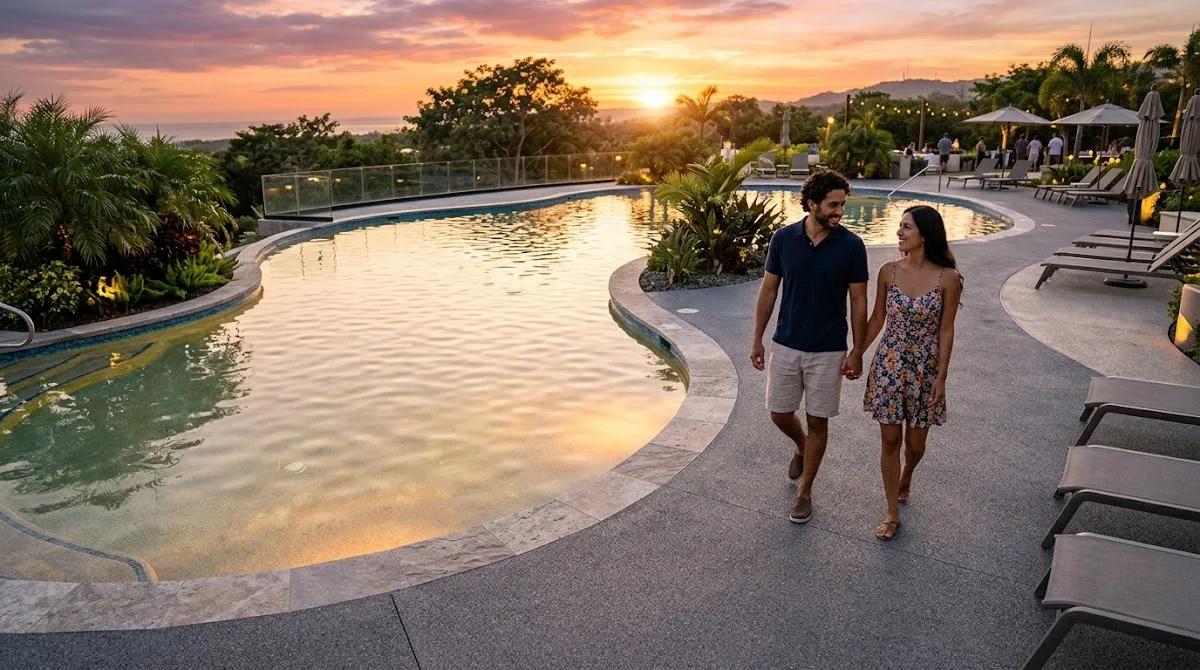A couple walking on a textured slip-resistant pool deck during a golden sunset.