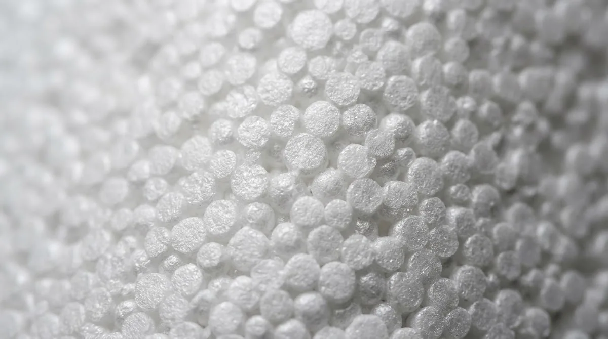 A macro close-up showing the cellular texture and fused beads of white EPS foam insulation.