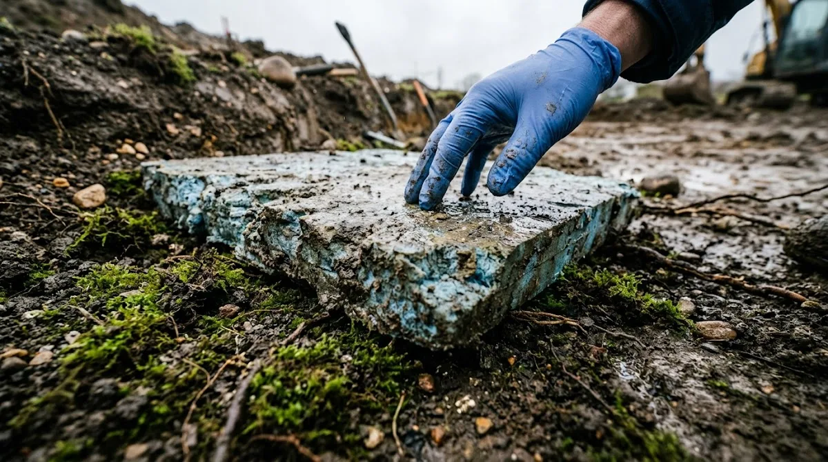 A low angle view of a researcher examining a weathered piece of foam insulation partially buried in damp earth.