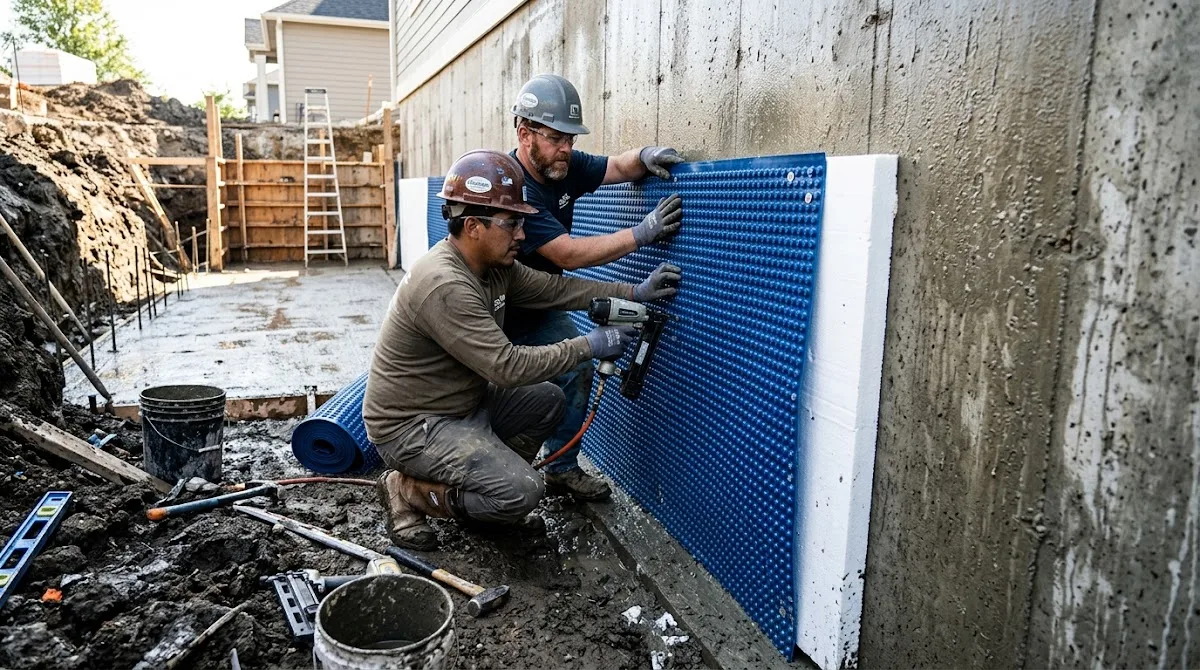Construction workers installing dimpled drainage boards and rigid insulation on a concrete basement wall.