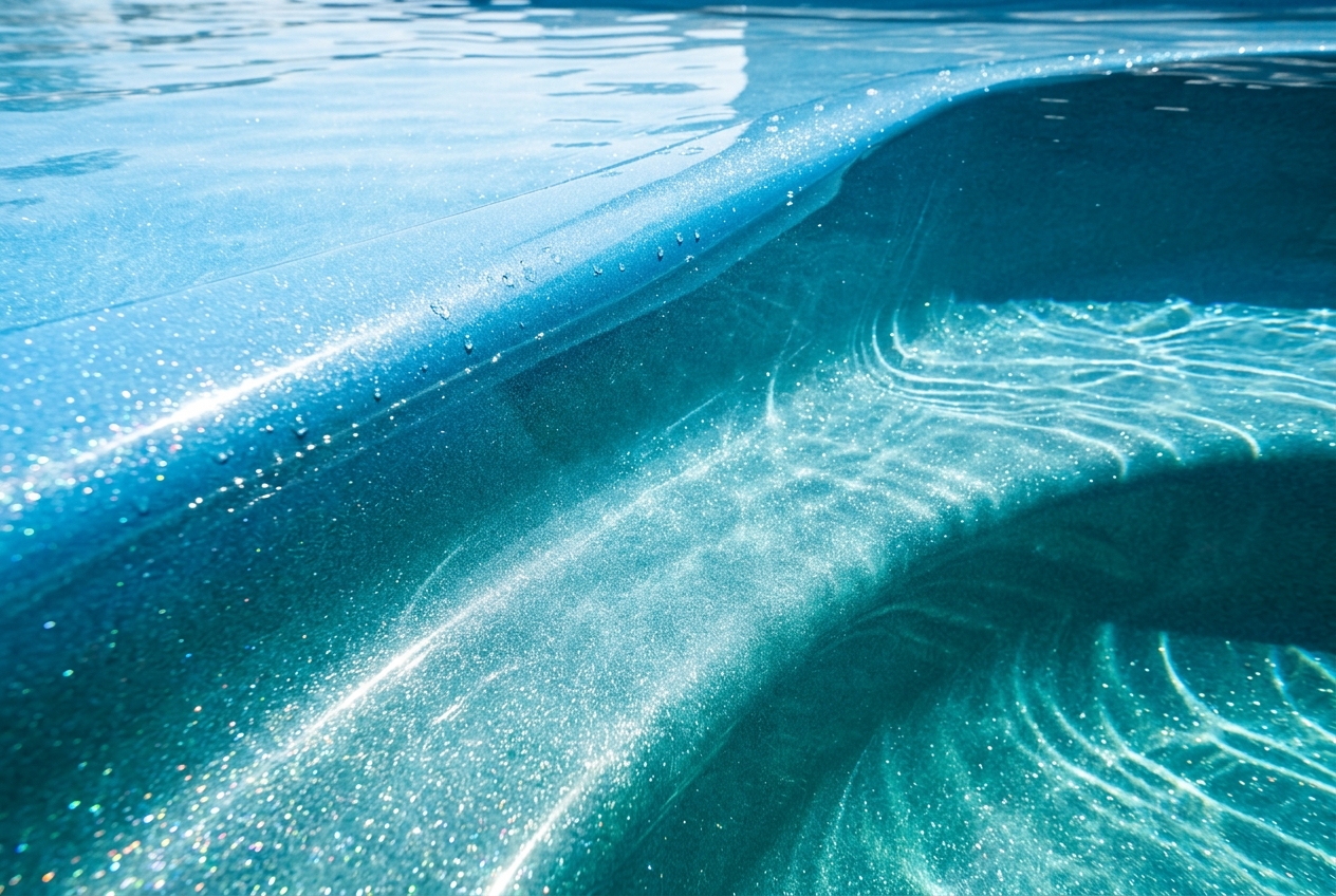 A smooth, shimmering fiberglass pool surface with a light blue to teal finish catching the sunlight through clear water.