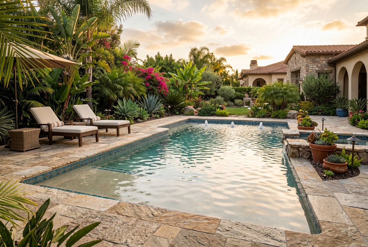 A fiberglass swimming pool with elegant tile waterline accents in a beautifully landscaped backyard patio setting.