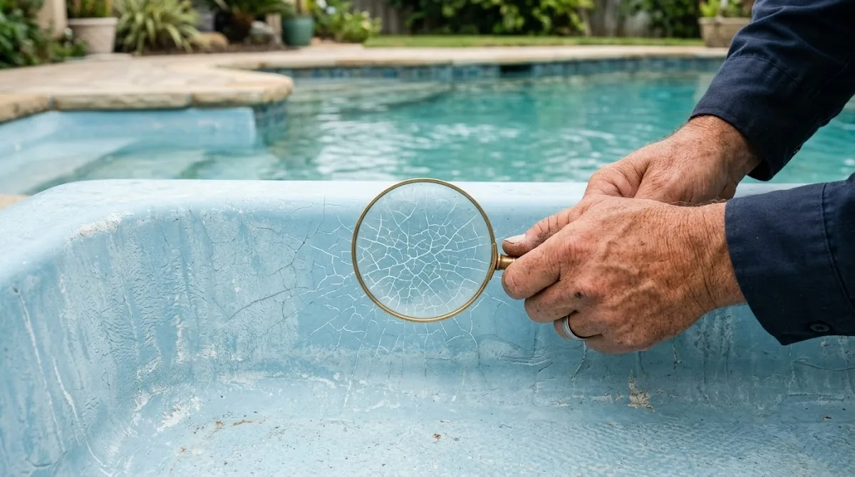 A close-up view of spider cracks forming a web pattern on a fiberglass pool surface.