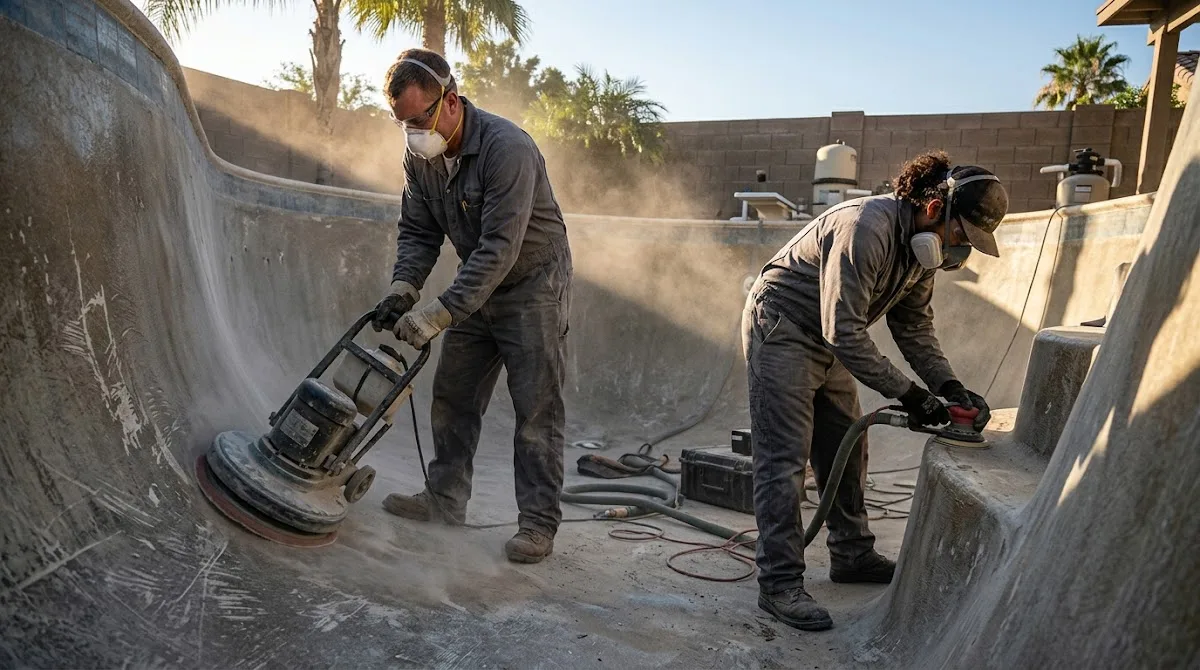 Two professional contractors sanding the interior of a drained fiberglass pool for resurfacing.