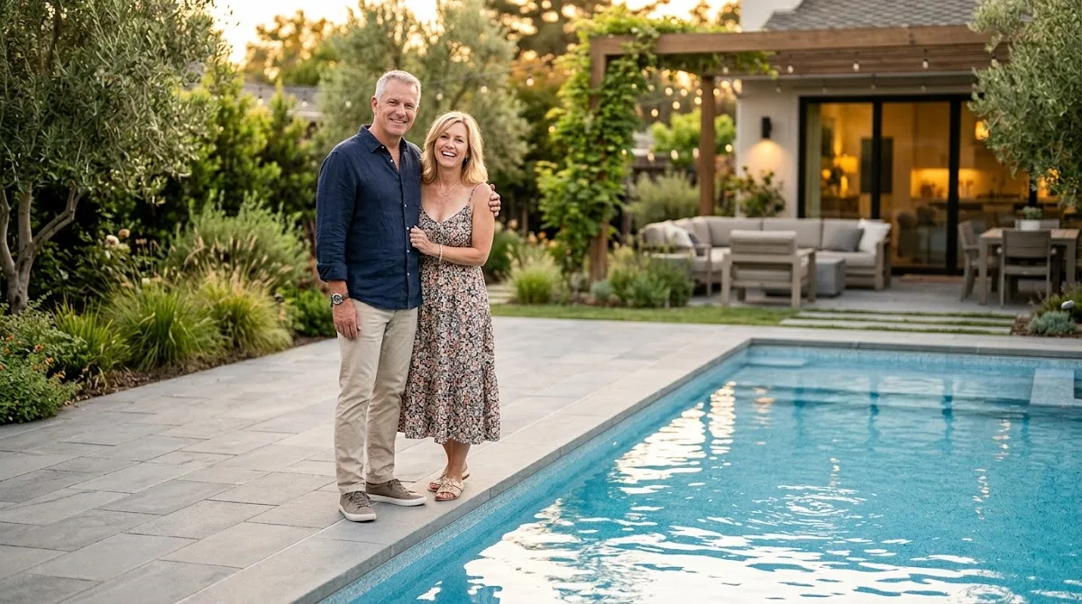 A couple enjoying their newly renovated and resurfaced backyard swimming pool.