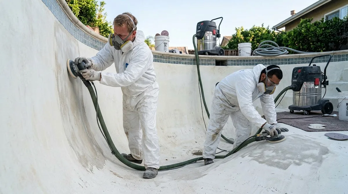 Two professional technicians in protective gear sanding the interior of a drained fiberglass pool for resurfacing.