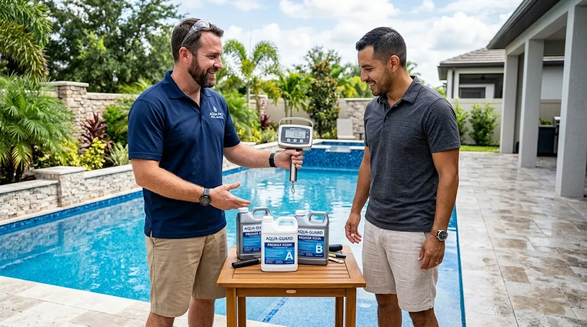 A pool contractor discussing high-quality resurfacing materials with a homeowner next to a pristine swimming pool.