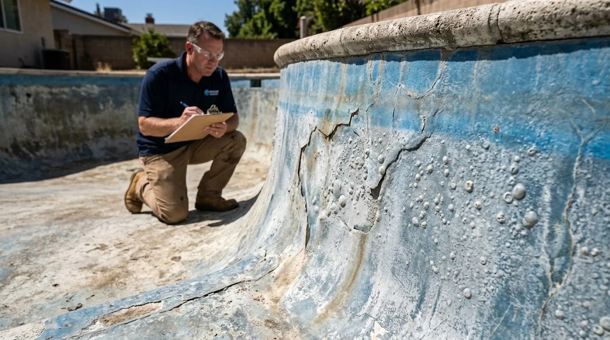 A close-up view of a damaged and blistered fiberglass pool shell before professional resurfacing.