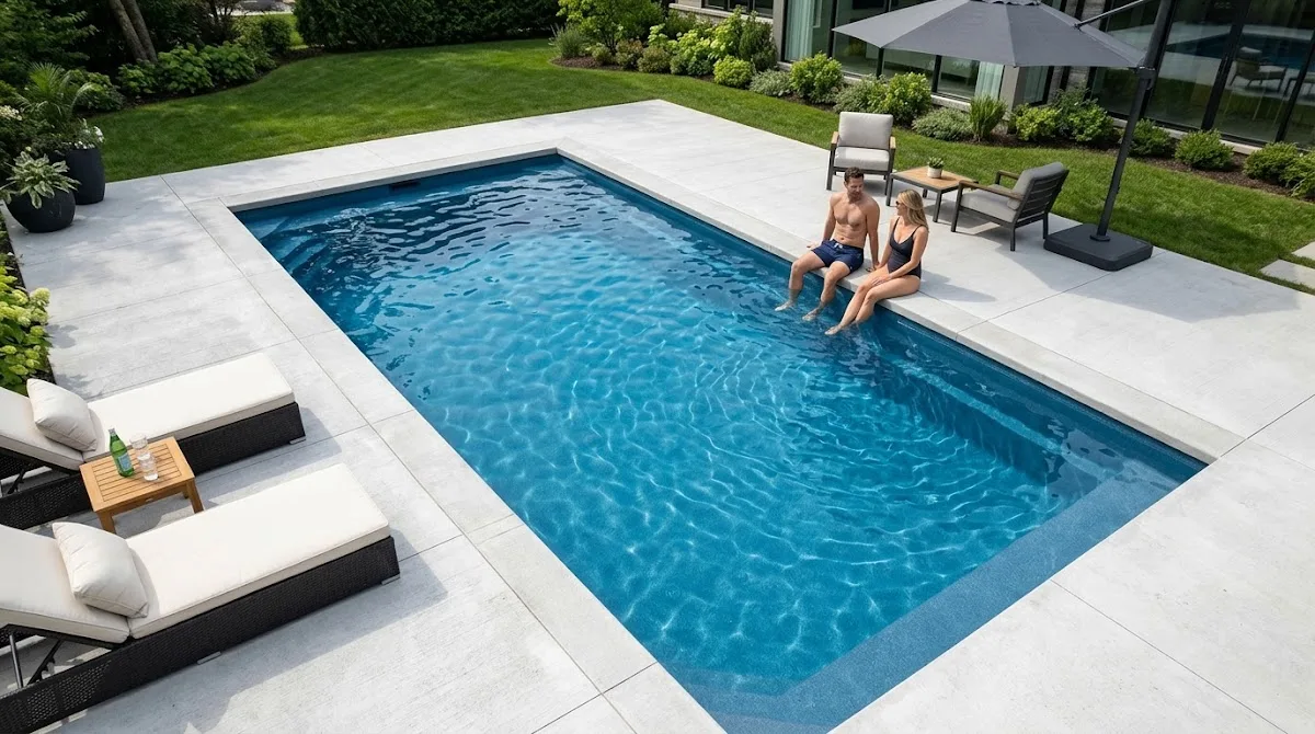 An aerial view of a clean and perfectly maintained fiberglass pool with clear blue water.