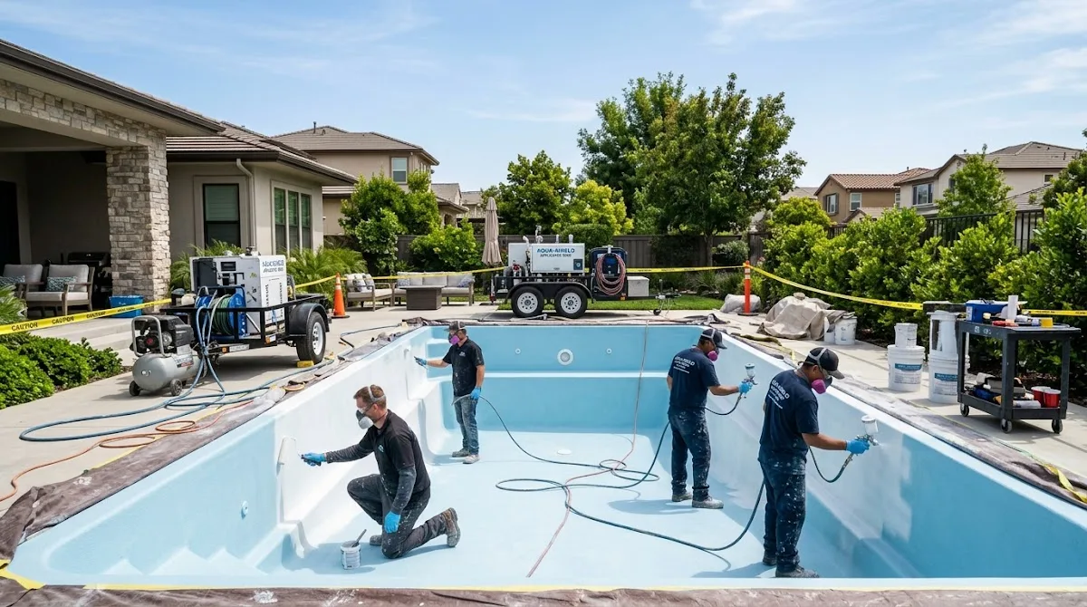 Professional technicians applying a high-quality protective coating to a fiberglass pool shell.