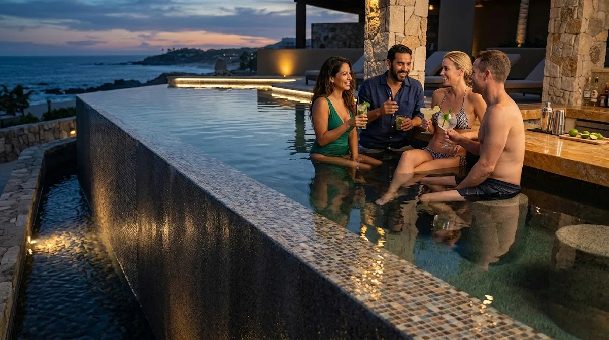 A custom concrete swimming pool with a swim-up bar and luxury architectural features.