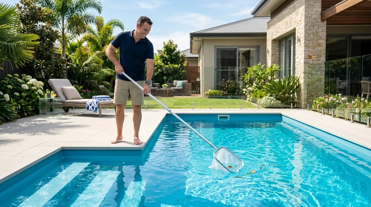 A person easily cleaning a smooth fiberglass pool in a well-maintained backyard.