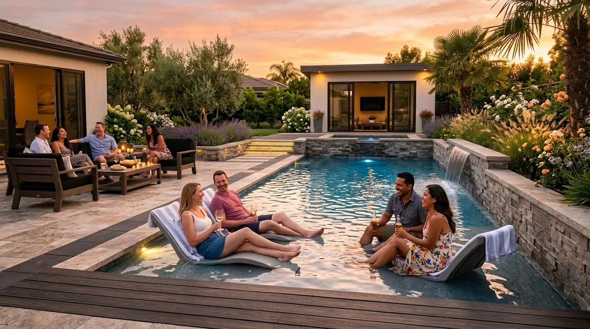 A stunning backyard with a luxury inground pool and a group of people relaxing by the water during sunset.