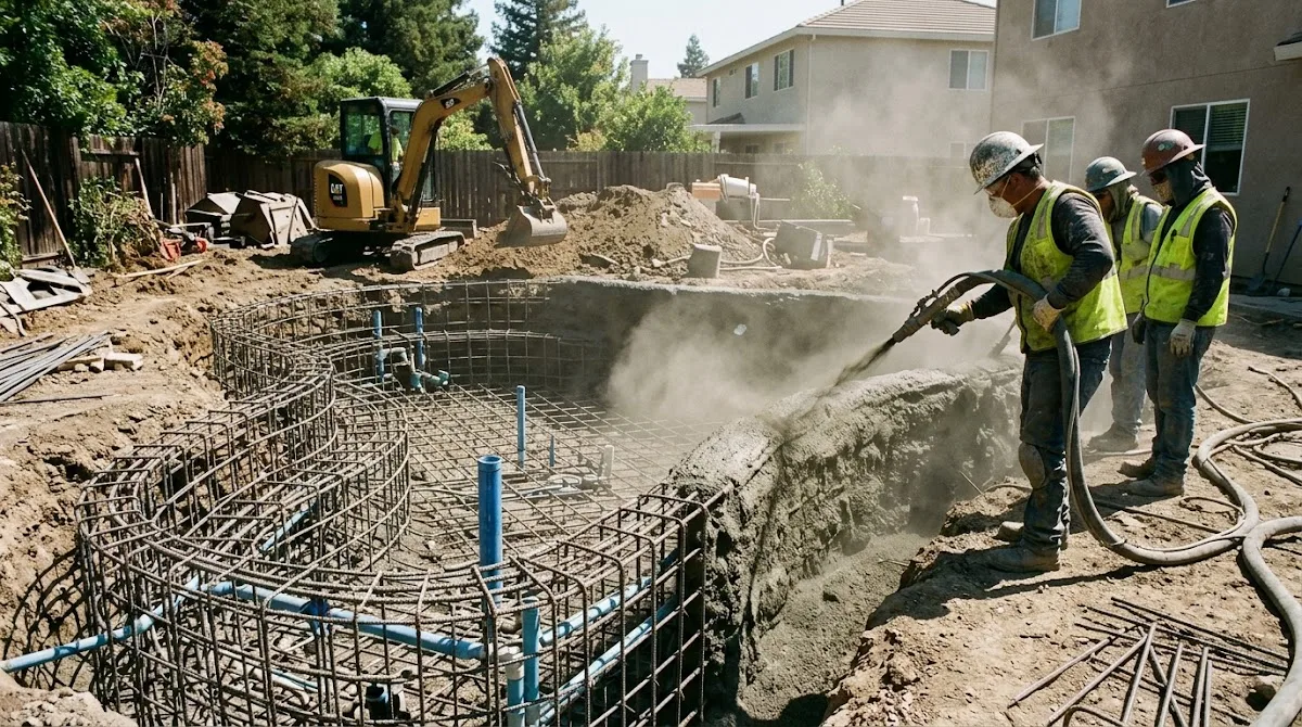 A concrete pool under construction with rebar, excavation, and workers on site.