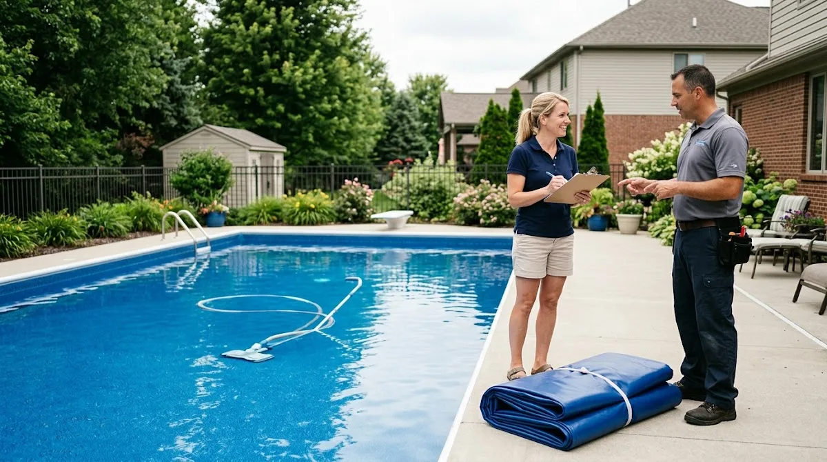 A vinyl liner pool maintenance scene with a smooth liner and contractor consultation.