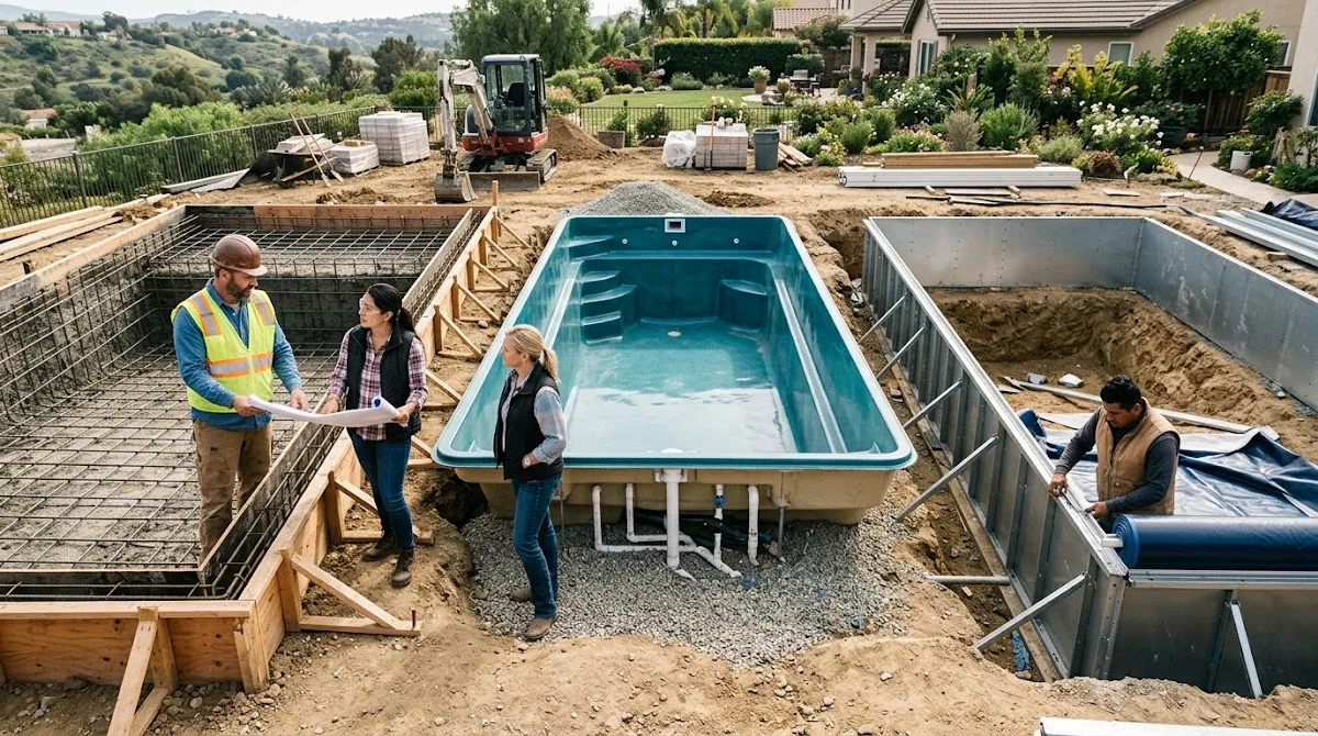 A backyard pool planning scene comparing concrete, fiberglass, and vinyl pool options.