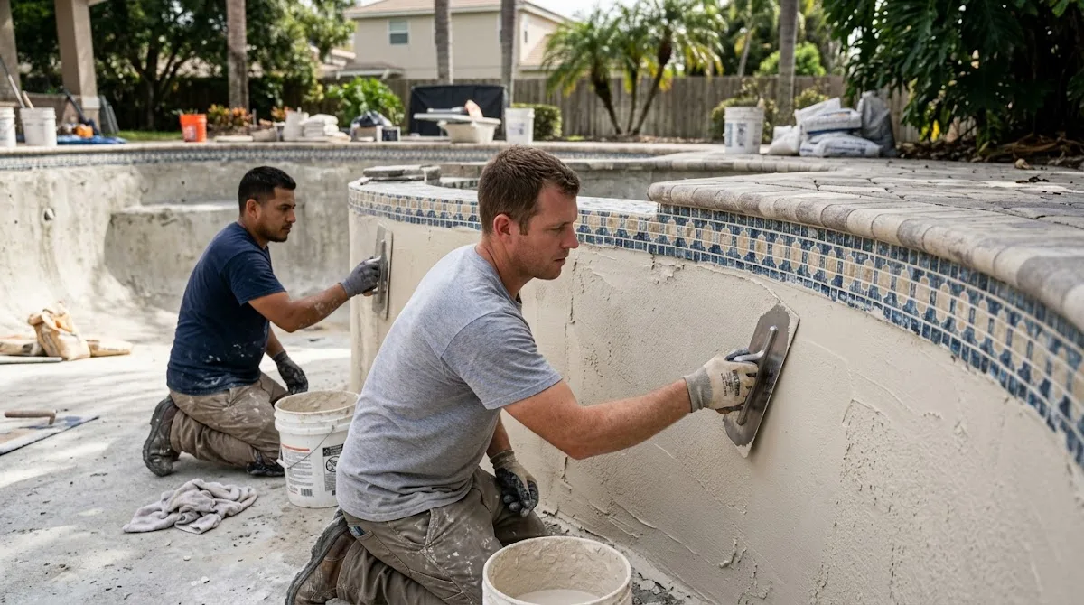 Technicians using trowels to apply a smooth new quartz finish to a pool wall.