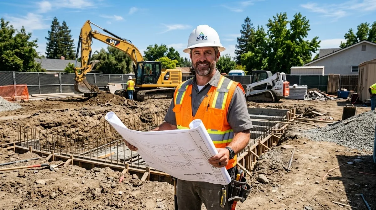 A pool contractor in a hard hat holds blueprints at a backyard excavation site during the early stages of installation.