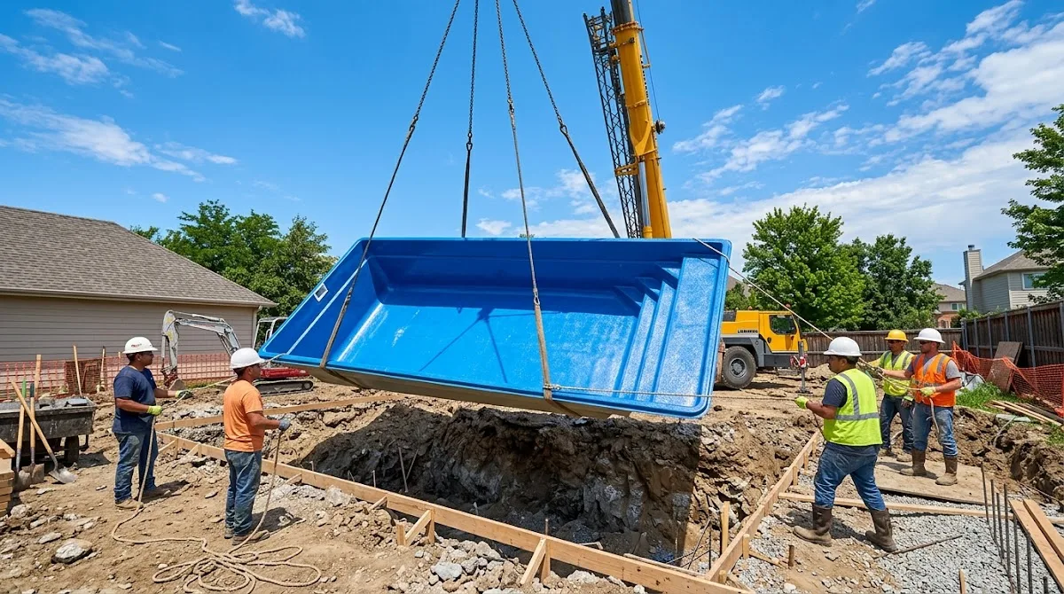 Construction workers carefully guide a large pre-fabricated pool shell being lowered by a crane into an excavated backyard.