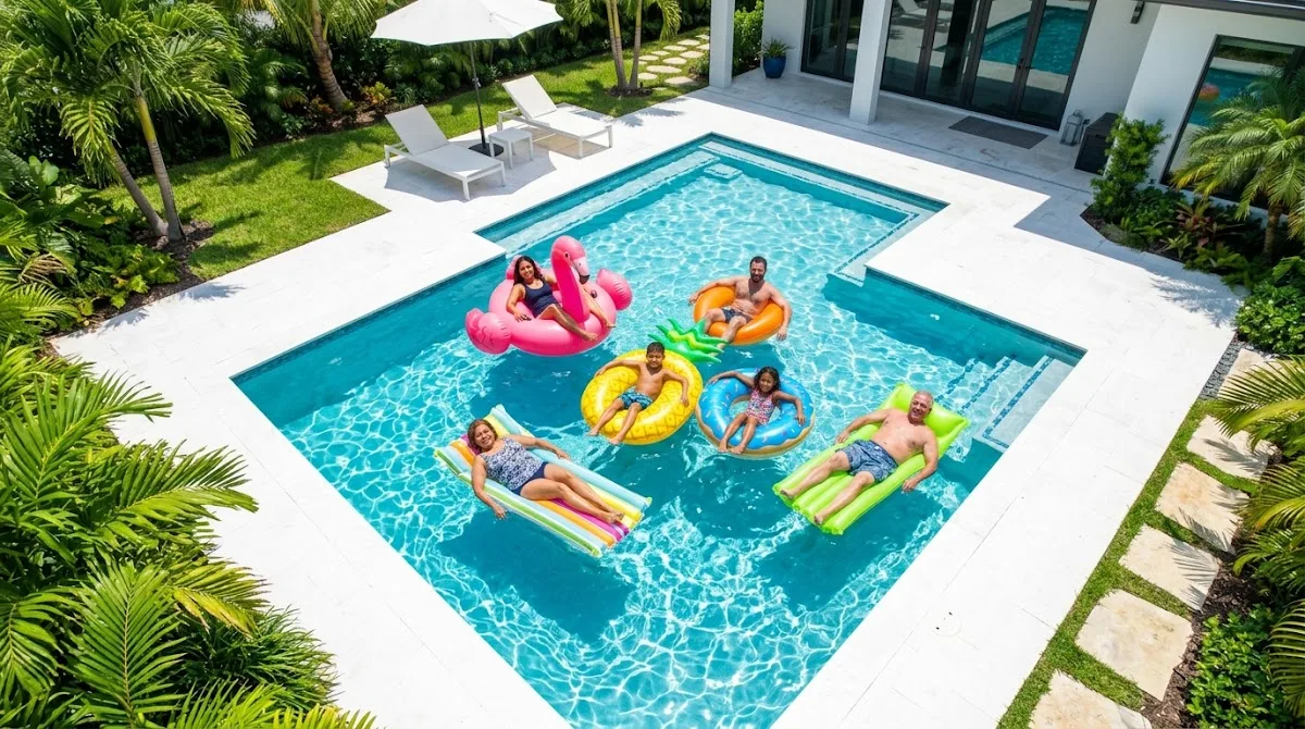 A family relaxes and floats on colorful inflatables in a sparkling, clean backyard swimming pool on a sunny day.