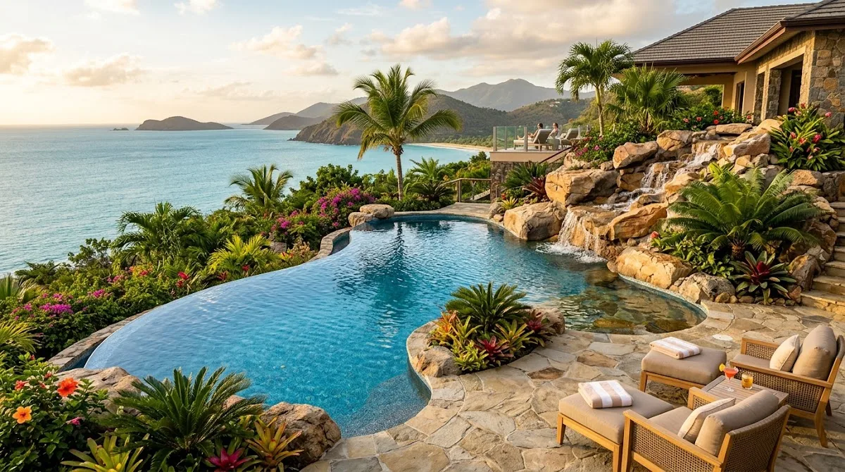A custom freeform pool features a natural stone waterfall and a vanishing edge surrounded by tropical landscaping.