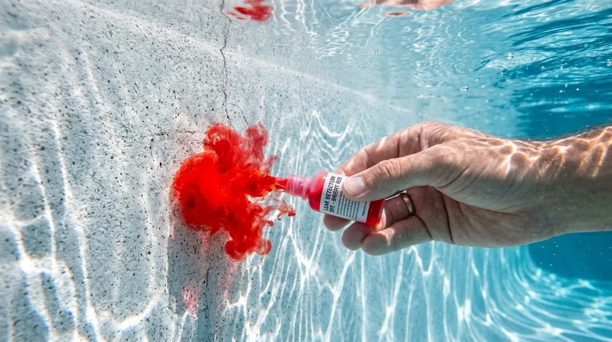 A person underwater squeezes a bottle of red dye near the pool wall to test for leaks.