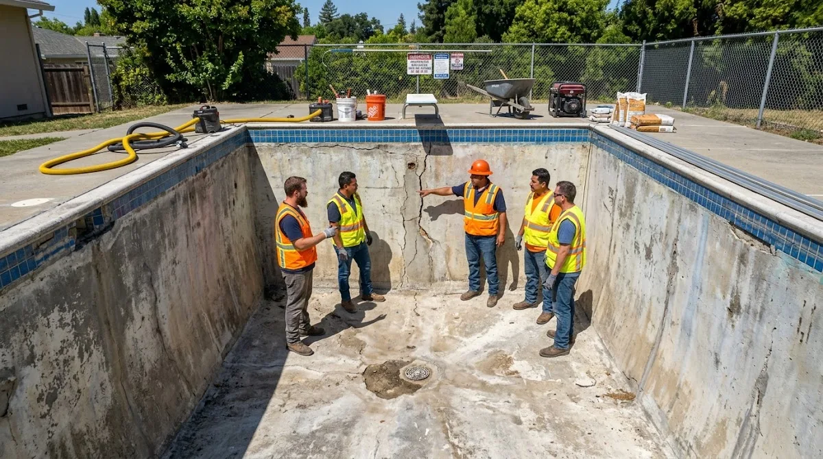 A team of construction professionals inspects the walls of a drained swimming pool for repairs.