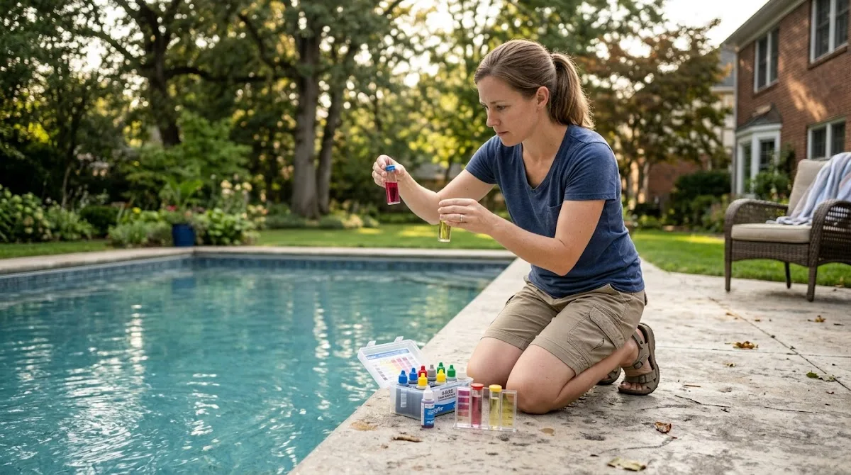 A homeowner carefully testing the water chemistry of a backyard swimming pool using a liquid test kit.