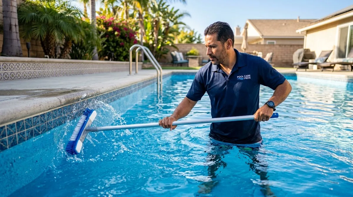A person cleaning the walls of a swimming pool with a long-handled brush on a sunny day.