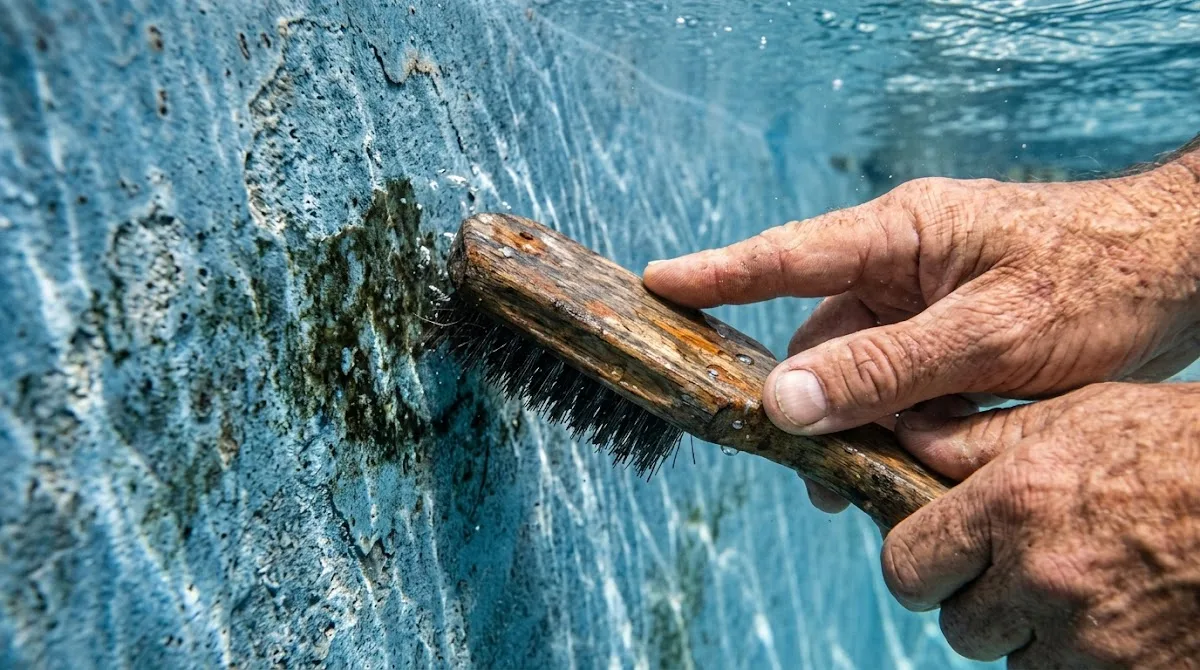 A close-up view of a professional using a wire brush on a textured pool surface.