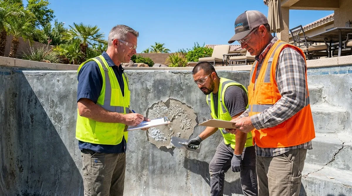 A team of pool contractors inspecting the surface of an empty swimming pool.