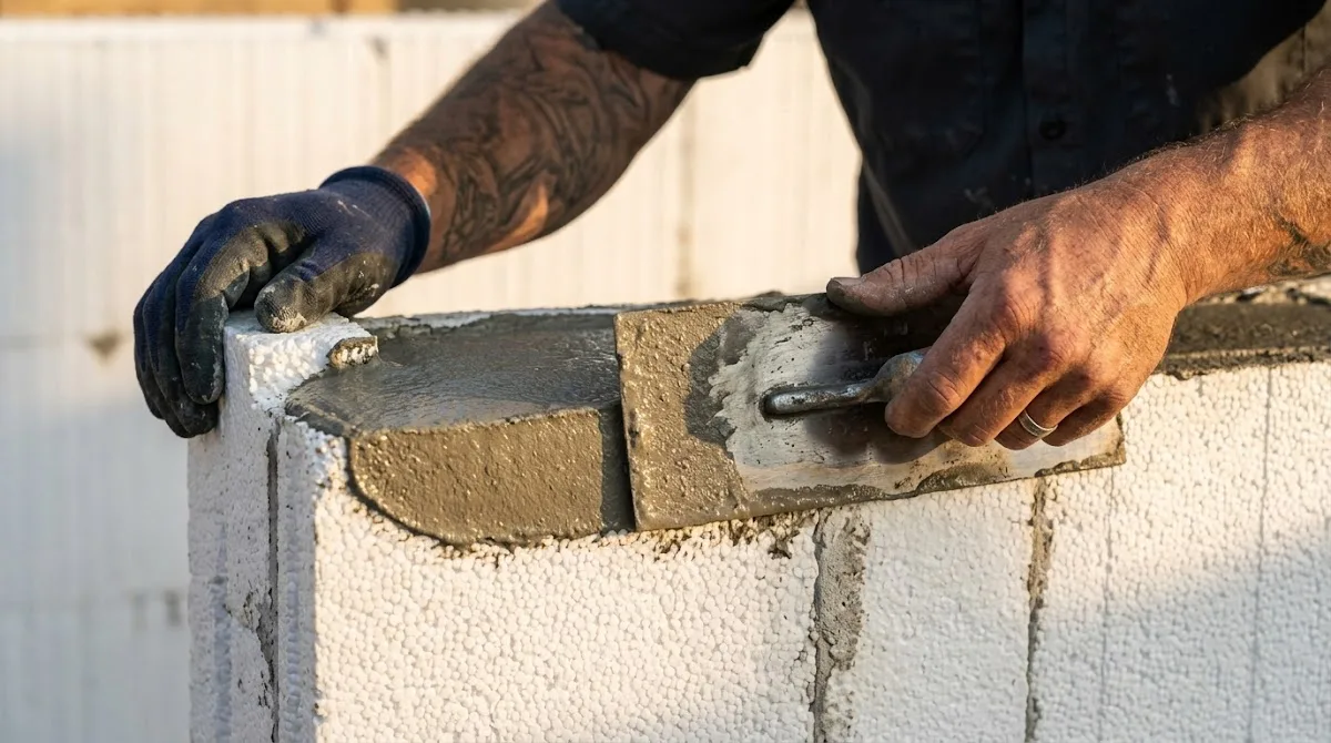 Close up of a contractor applying smooth grey plaster to a textured foam pool wall.