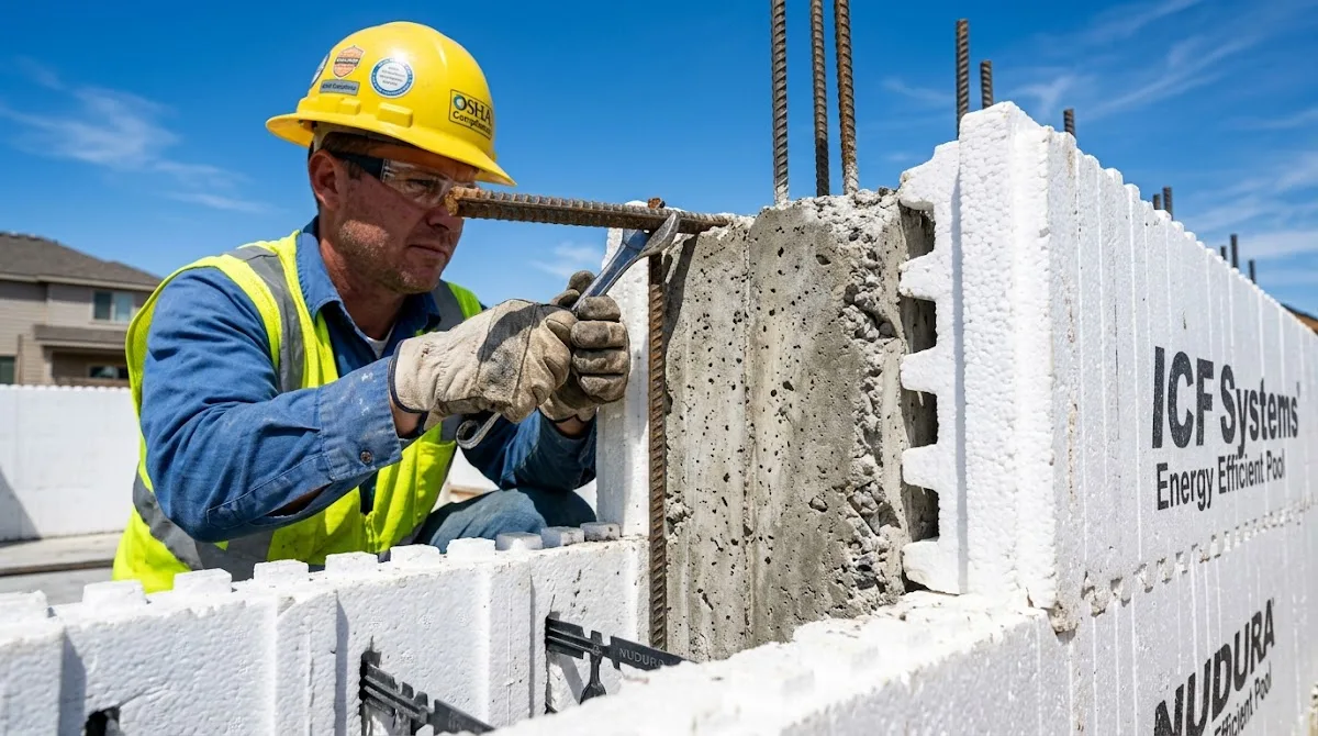 Close-up of insulated concrete forms with steel rebar being installed for a new swimming pool wall.