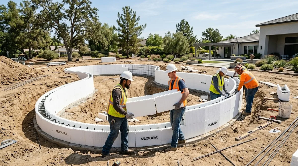 A construction crew effortlessly stacking lightweight insulated concrete form blocks to build a curved pool shell.
