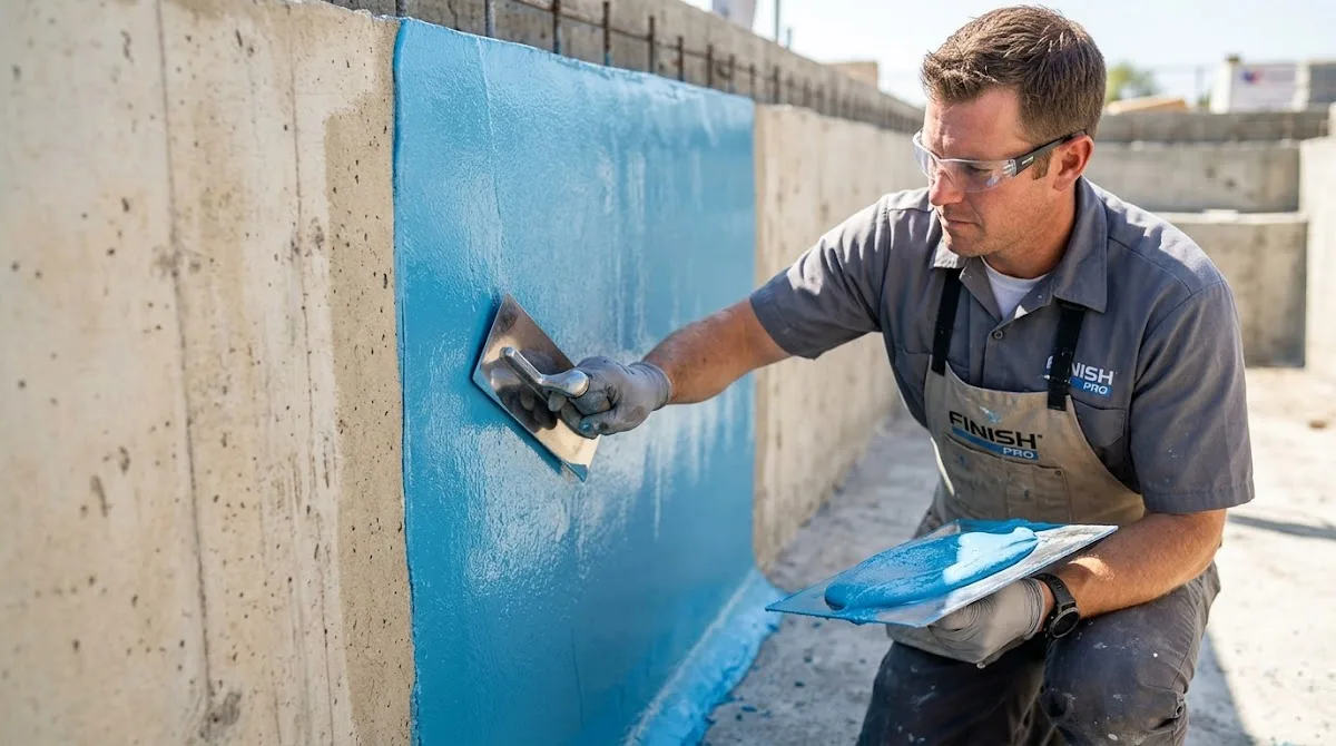 A craftsman applying a smooth and luxurious micro-ceramic finish to the interior wall of a swimming pool.