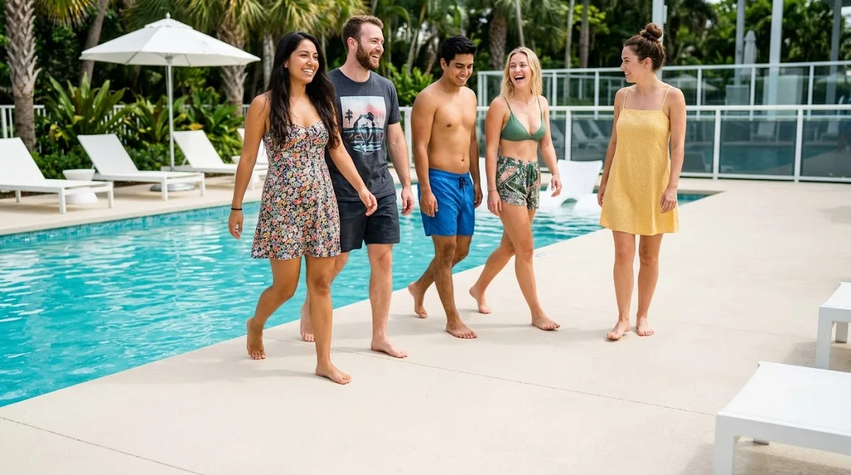 A group of friends walking barefoot on a clean, light-colored slip-resistant pool deck on a sunny day.